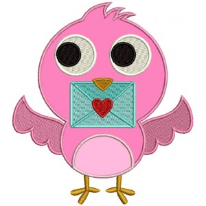 Cute Little Love Bird Holding an Envelope Applique Machine Embroidery Design Digitized Pattern